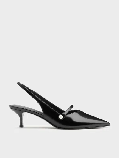 Charles & Keith - Helena Pearl-buckle Slingback Kitten Heels In Black