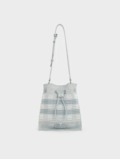 Charles & Keith - Ida Checkered Knitted Bucket Bag In Sea Salt Blue