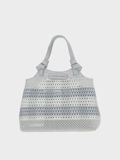 Charles & Keith - Ida Checkered Knotted Handle Tote Bag​ In Sea Salt Blue