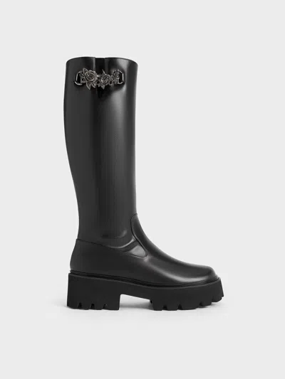 Charles & Keith - Imogen Rose-motif Chunky Knee-high Boots In Black