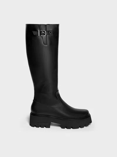 Charles & Keith Imogen Side-buckle Chunky Knee-high Boots In Black
