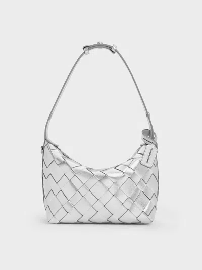 Charles & Keith - Ivette Metallic Woven Shoulder Bag In Silver