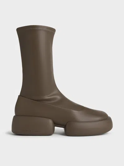Charles & Keith - Jamie Side-zip Platform Calf Boots In Dark Brown