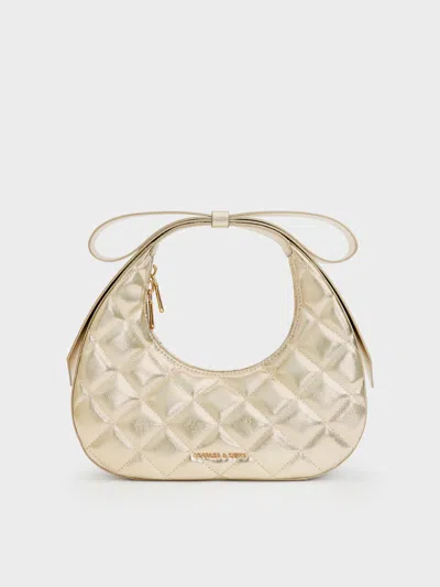 Charles & Keith - Janie Metallic Quilted Bow-handle Crescent Bag In Gold
