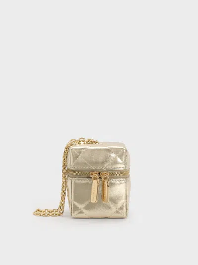 Charles & Keith - Janie Metallic Quilted Chain-handle Micro Bag In Gold