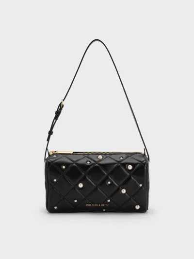 Charles & Keith - Janie Pearl-embellished Quilted Shoulder Bag In Black