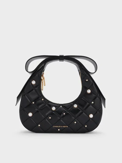 Charles & Keith - Janie Quilted Pearl-embellished Bow-handle Crescent Bag In Black