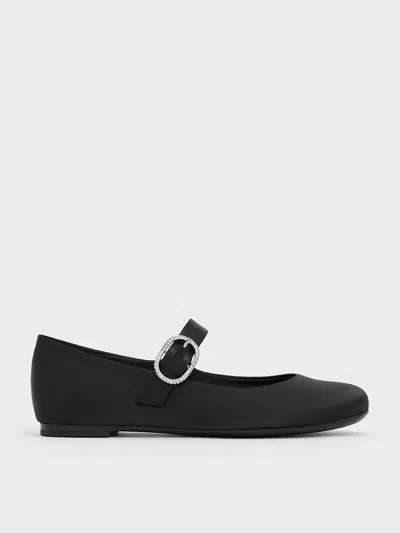 Charles & Keith - Jannie Satin Crystal-buckle Mary Janes In Black Textured