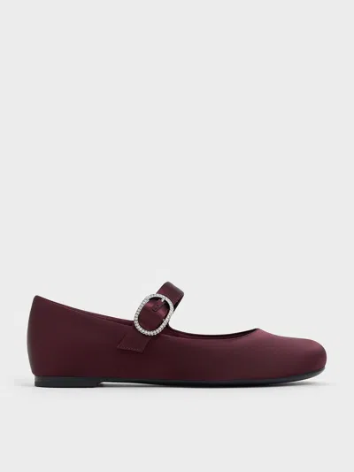 Charles & Keith - Jannie Satin Crystal-buckle Mary Janes In Burgundy