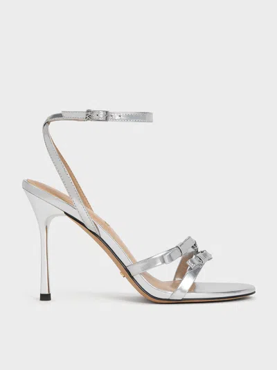 Charles & Keith - Jessy Metallic Leather Bow Ankle-strap Stiletto-heel Sandals In Silver