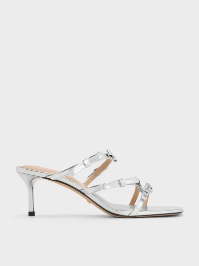 Charles & Keith - Jessy Metallic Leather Bow Heeled Sandals In Silver