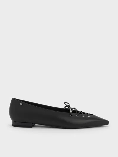 Charles & Keith - Jianna Leather Lace-tie Flats In Black