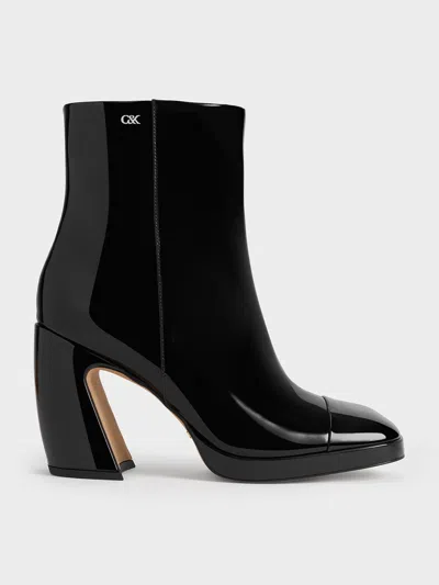 Charles & Keith - Jyll Patent Leather Sculptural-heel Ankle Boots In Black Patent