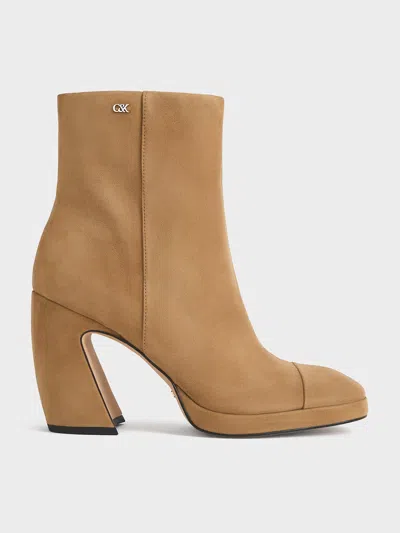 Charles & Keith - Jyll Suede Sculptural-heel Ankle Boots In Caramel
