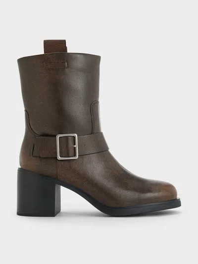 Charles & Keith - Kailey Side-buckle Ankle Boots In Dark Brown