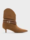 Charles & Keith - Karter Faux Suede Pointed-toe Ruched Buckled Kitten-heel Boots In Brown