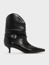 Charles & Keith - Karter Pointed-toe Ruched Buckled Kitten-heel Boots In Black