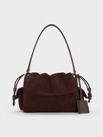 Charles & Keith - Khai Recycled Suede Ruched-flap Side-pocket Top Handle Bag In Brown