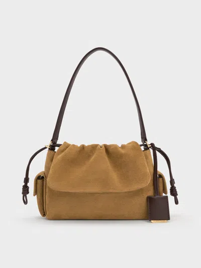 Charles & Keith - Khai Recycled Suede Ruched-flap Side-pocket Top Handle Bag In Sand