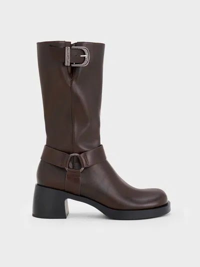 Charles & Keith - Kirke Buckled Mid-calf Biker Boots In Dark Brown
