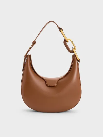 Charles & Keith - Kora Metallic-accent Moon Bag In Chocolate