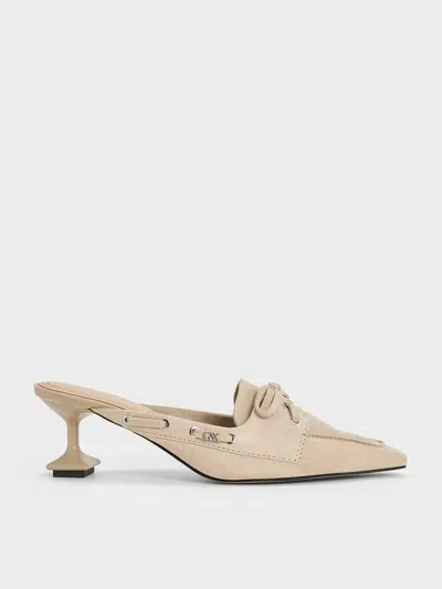 Charles & Keith - Kori Suede Lace-up Sculptural-heel Mules In Beige