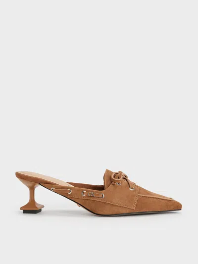 Charles & Keith - Kori Suede Lace-up Sculptural-heel Mules In Cognac