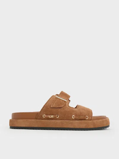 Charles & Keith - Kori Suede Slide Sandals In Cognac