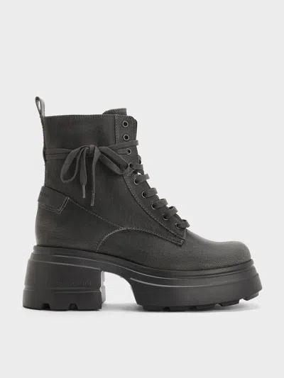 Charles & Keith - Lace-up Chunky Ankle Boots In Dark Grey