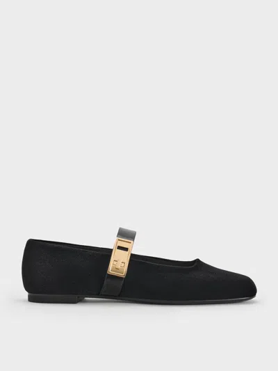 Charles & Keith - Lando Velvet Metallic-buckle Mary Jane Flats In Black