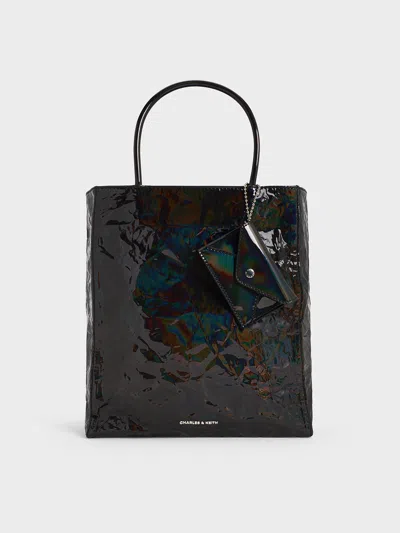 Charles & Keith - Large Matina Patent Crinkle-effect Elongated Tote Bag In Black