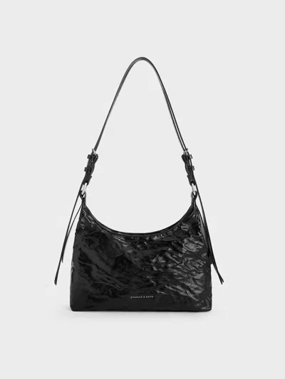 Charles & Keith - Lark Crinkle-effect Hobo Bag In Black