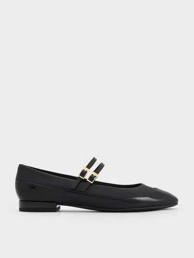 Charles & Keith - Leather & Patent Double-strap Mary Jane Flats In Black