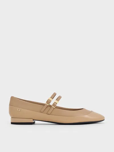 Charles & Keith - Leather & Patent Double-strap Mary Jane Flats In Taupe