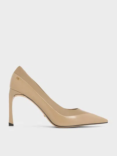 Charles & Keith - Leather & Patent Pointed-toe Pumps In Taupe