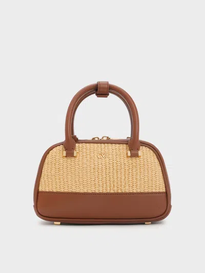 Charles & Keith - Leather & Raffia Bowling Bag In Brown