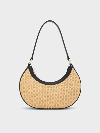 Charles & Keith - Leather & Raffia Crescent Hobo Bag In Brown