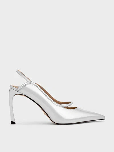 Charles & Keith - Leather & Satin Crystal-embellished Pointed-toe Slingback Pumps In Silver