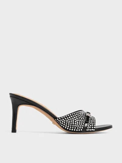 Charles & Keith - Leather & Suede Crystal-embellished Buckle-strap Heeled Mules In Black