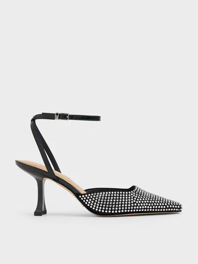 Charles & Keith - Leather & Suede Crystal-embellished Sculptural-heel Pumps In Black