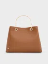 Charles & Keith - Leather Boxy Ring-handle Bag In Cognac