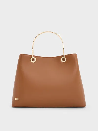 Charles & Keith - Leather Boxy Ring-handle Bag In Gray