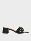 Charles & Keith - Leather Buckled Block-heel Mules In Black