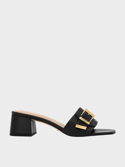 Charles & Keith - Leather Buckled Block-heel Mules In Black