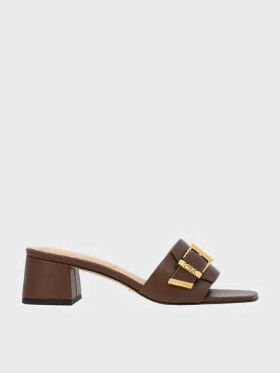 Charles & Keith - Leather Buckled Block-heel Mules In Dark Brown