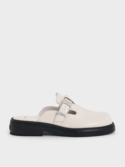 Charles & Keith - Leather Buckled Mules In Chalk