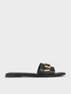 Charles & Keith - Leather Buckled Square-toe Slide Sandals In Black