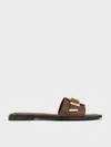 Charles & Keith - Leather Buckled Square-toe Slide Sandals In Dark Brown