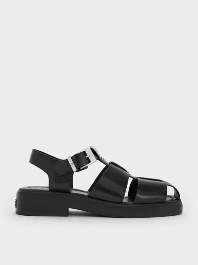 Charles & Keith - Leather Caged Sandals In Black
