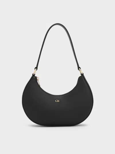 Charles & Keith - Leather Crescent Hobo Bag In Black